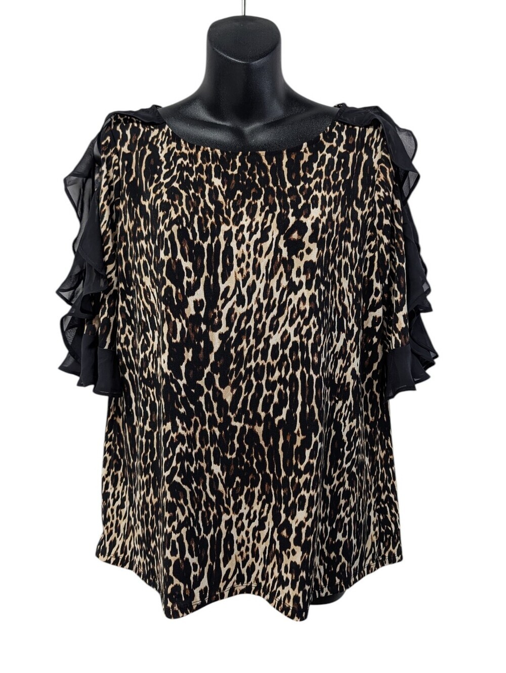 BOLD Elements Leopard Print Ruffle Half Sleeve Blouse Top Black  Size Brown Sz L